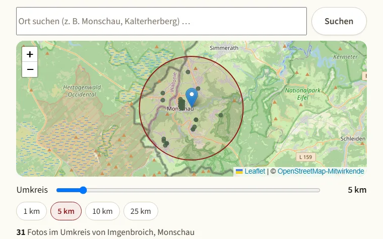 Karte rund um Monschau mit einem Umkreis von fünf Kilometern und den Punkten verorteter Fotos