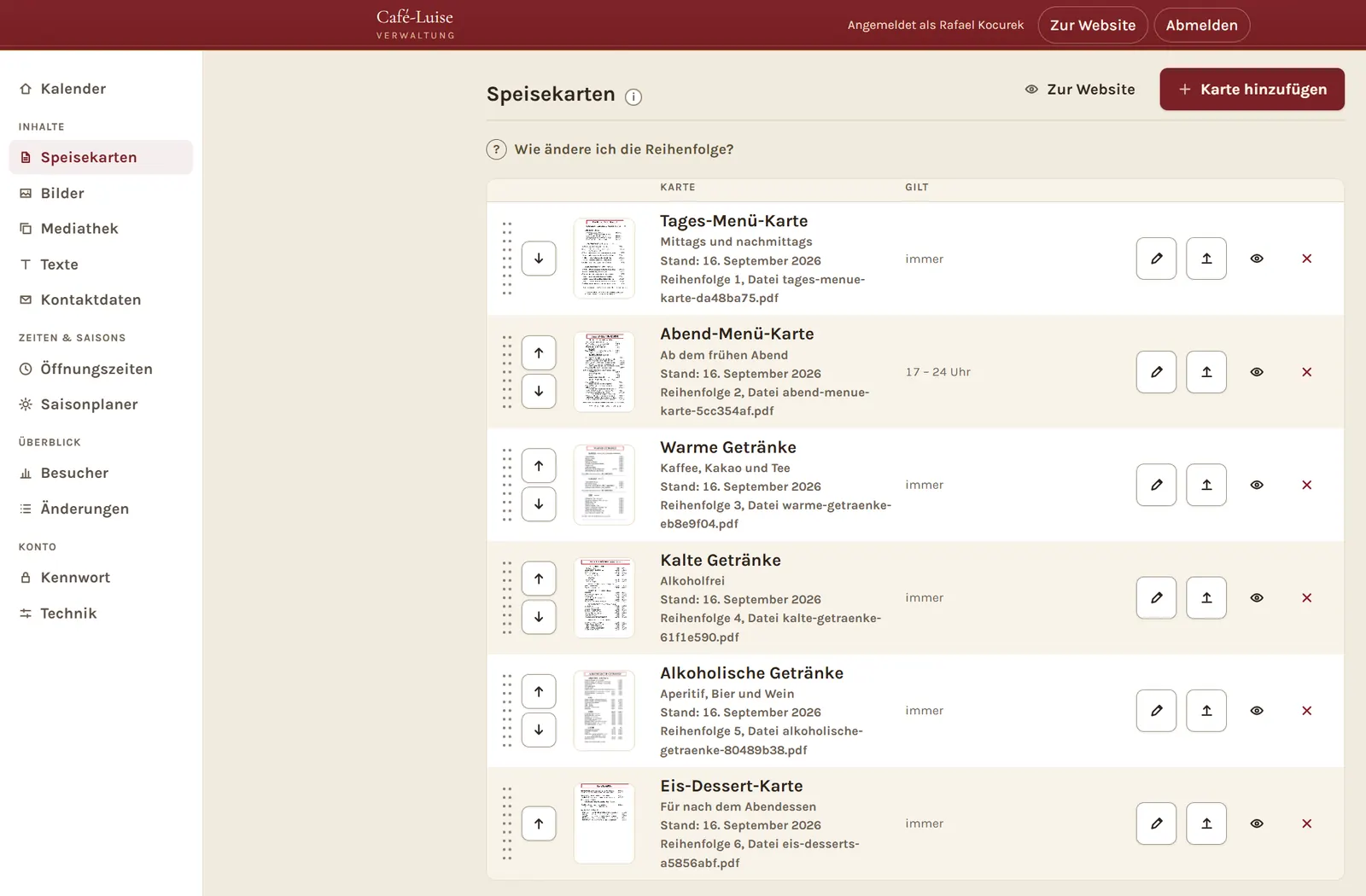 Liste der sechs Speisekarten im Pflegebereich, jede mit Vorschaubild und Datum