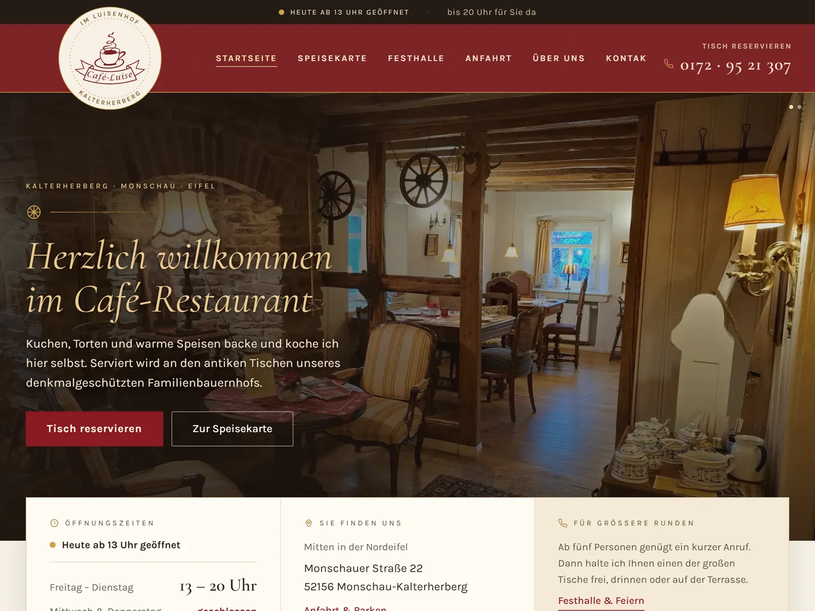 Startseite des Café-Luise mit einem Foto des Gästeraums und den Öffnungszeiten darunter